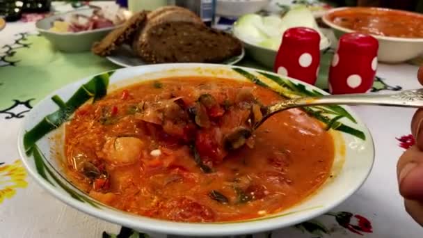 Украинский Овощной Суп Борщ Размешивают Ложкой Белой Миске Здоровое Питание — стоковое видео