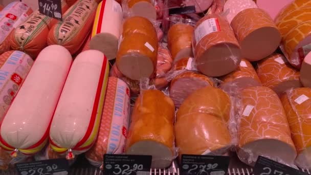 Kyiv Ukraine September 2022 Different Sausage Types Lying Display Type — Vídeo de stock