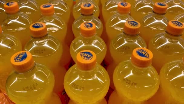 Kyiv Ukraine August 2022 Showcase Line Orange Lemonade Fanta Drinking — Stock Video