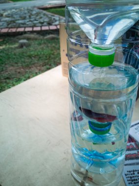 Selangor, Malezya - 8 Aralık 2019: Geri dönüşüm şişesi küçük bir akvaryuma dönüştürüldü..