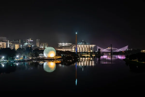 Night Scene Colorful Mosque Hot Air Balloon Bridge Reflections River — Stock Photo, Image