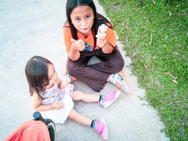 Skjuten Två Unga Flickor Som Äter Glass Utomhus Parken — Stockfoto