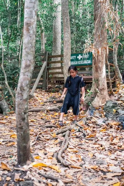 Semporna, Malezya - 26 Kasım 2019: Yeşil ormandaki çocuklar, orman yürüyüşü. Çocuk tatili ve Bohey Dulang Adası 'na seyahat kavramı.