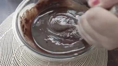 Çikolatalı kek hamuru ya da hamuru bir el mikseriyle karıştırmak. Yemek hazırlama. Yakın görünüm.