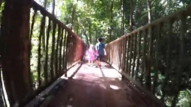 Ormanda yürüyüş yapan çocuklar. Kız kardeşiyle birlikte ormanda beton köprüde yürüyen bir çocuk. Küçük çocuklarla seyahat ve yürüyüş yapmak. Doğayı keşfeden aktif bir çocuk. Çocuklu bir aile yürüyüş yapıyor.