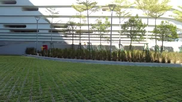 Pov Walking Grass Pavement Modern Building — Stock Video