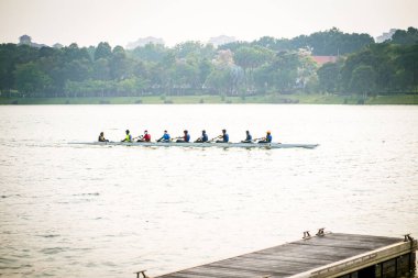 Putrajaya, Malezya - 6 Eylül 2019: Taman Botani yakınlarındaki gölde ejderha tekne yarışçısı çalışması.