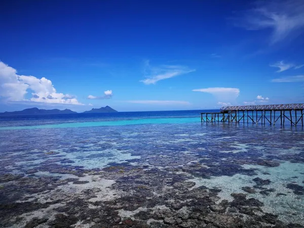 Paisagem Chalé Água Acima Recife Coral Durante Maré Baixa Ilha — Fotografia de Stock