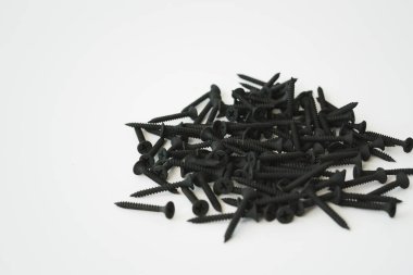 Beyaz arka planda izole edilmiş aynı boyutta siyah vidalar..