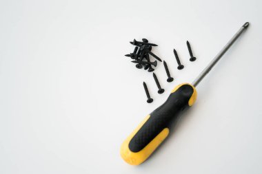 Beyaz arka planda izole edilmiş aynı boyutta siyah vidalar..