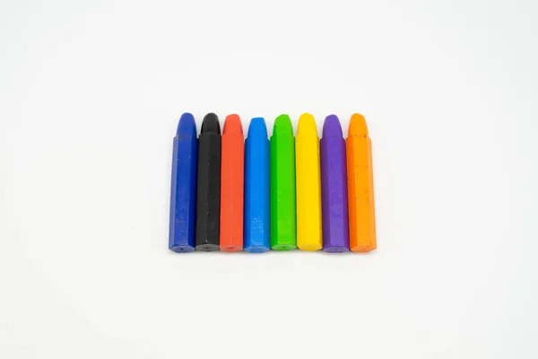 School Supplies Colourful Crayons Stationery White Background Space Caption — Stock Photo, Image