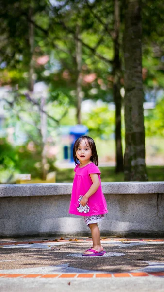 Menina Bonito Vestido Rosa Jogando Parque Durante Dia — Fotografia de Stock