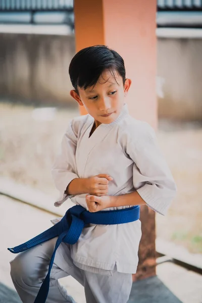 Anak Muda Dengan Sabuk Biru Berlatih Karate — Stok Foto