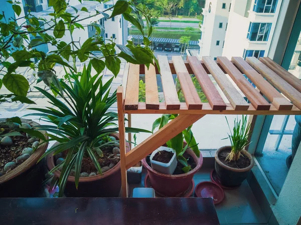 Kuala Lumpur Malasia Agosto 2019 Mesa Madera Jardín Del Balcón —  Fotos de Stock