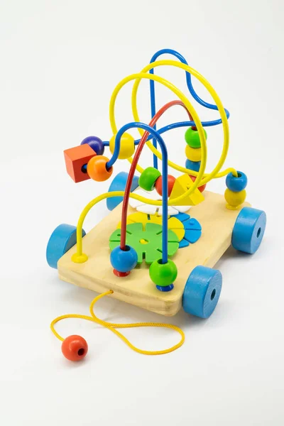 Colourful Wooden Toy Car String Puller Isolated White Background — Stock Photo, Image