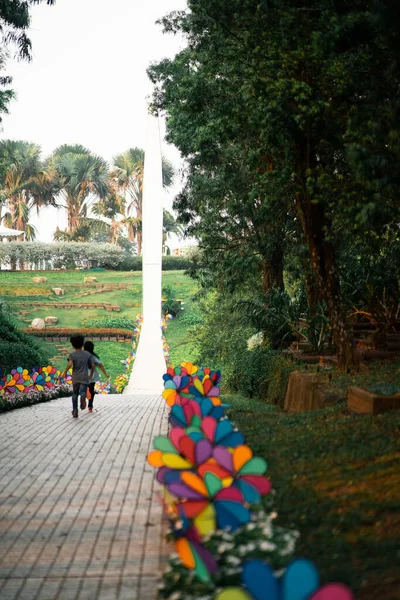 Kleurrijke Regenboog Pinwheel Het Park — Stockfoto