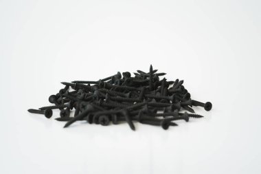 Beyaz arka planda izole edilmiş aynı boyutta siyah vidalar..