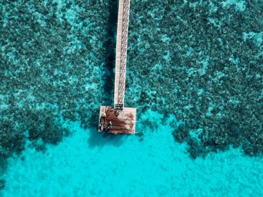 Tahta Jetty 'nin sonunda, üzerinde kimliği belirsiz çocuklar olan tepeden aşağı hava manzarası..