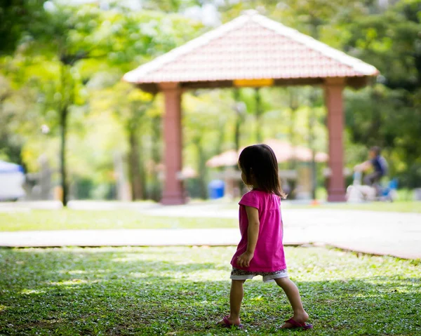 Schattig Klein Meisje Roze Jurk Spelen Een Park Overdag — Stockfoto