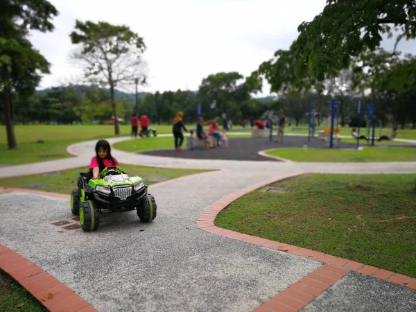 Egy Ázsiai Srác Elektromos Játékautót Vezet Egy Trópusi Parkban Kültéri — Stock Fotó