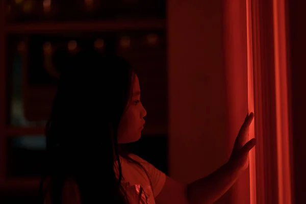 Cinematic Night Portrait Little Girl Red Neon Light — Stock Photo, Image