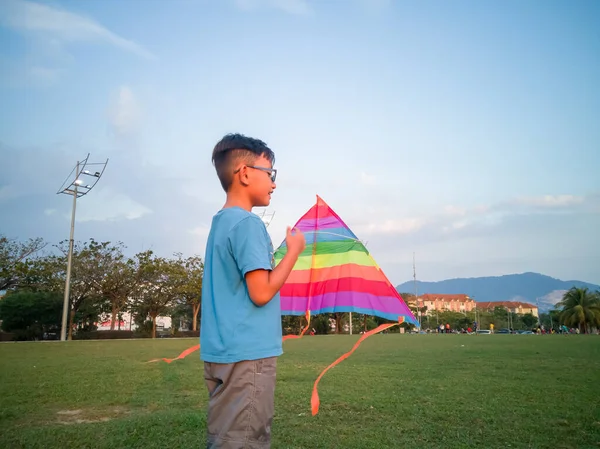 Azji Młody Chłopiec Niebieskiej Koszuli Zabawy Latawiec Polu Parku — Zdjęcie stockowe