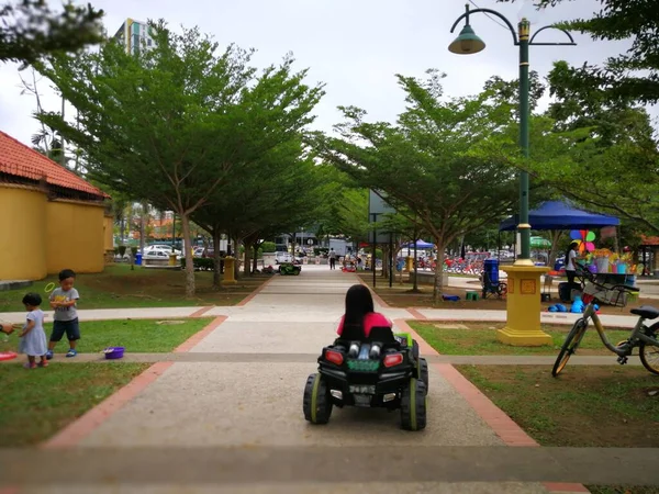 Ein Asiatisches Kind Steuer Eines Elektrischen Spielzeugautos Einem Tropischen Park — Stockfoto
