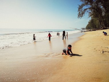 İnsanlar sahilde doğa arka planında yürüyorlar.