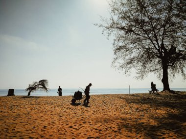 İnsanlar sahilde doğa arka planında yürüyorlar.