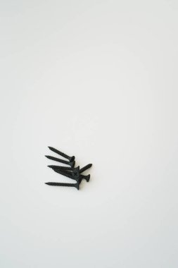 Beyaz arka planda izole edilmiş aynı boyutta siyah vidalar..