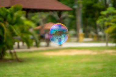 Bahçe parkında yüzen sabun köpüklerini kapat. (Seçici odaklanma)