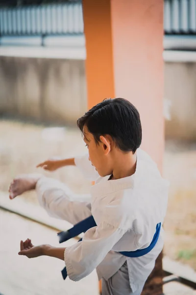 Anak Muda Dengan Sabuk Biru Berlatih Karate — Stok Foto