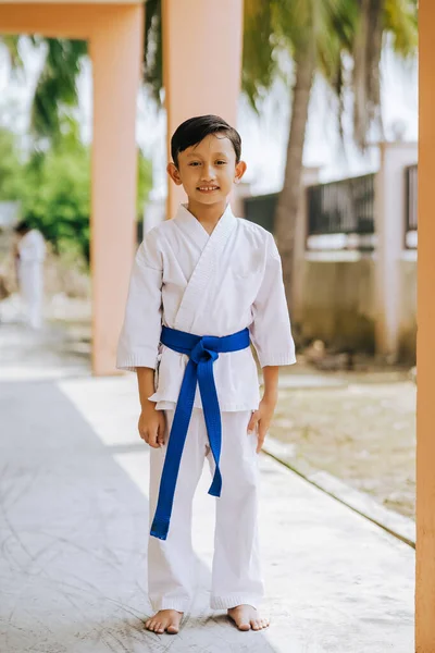 Jovem Cinturão Azul Treinamento Karatê — Fotografia de Stock