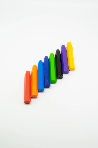 School Supplies Colourful Crayons Stationery White Background Space Caption — Stock Photo, Image