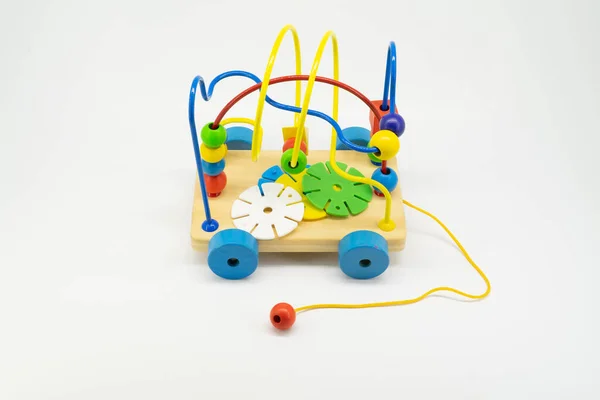Carro Brinquedo Madeira Colorido Com Extrator Corda Isolado Fundo Branco — Fotografia de Stock