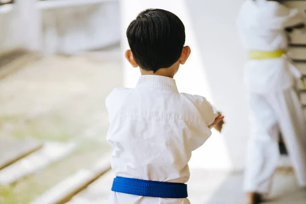 Mladý Chlapec Modrém Pásu Trénink Karate — Stock fotografie