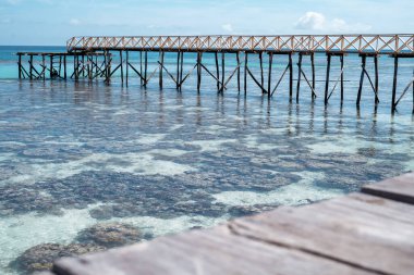 Semporna, Borneo Sabah 'taki Bum bum adasında gelgit sırasında tahta köprü.