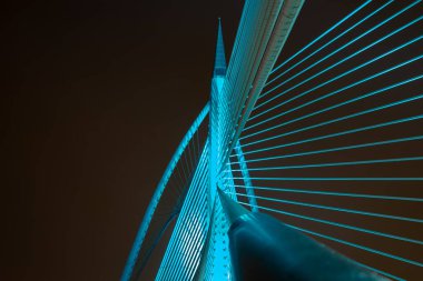 Putrajaya, Malezya 'daki modern köprü mimarisinin farklı renklerde gece görüşü.