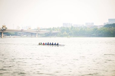 Putrajaya, Malezya - 6 Eylül 2019: Taman Botani yakınlarındaki gölde ejderha tekne yarışçısı çalışması.
