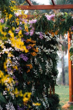 Tropikal yapraklar bahçedeki çalılık çiçek aranjmanı..
