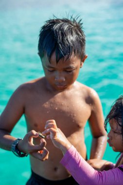 Semporna, Malezya - 26 Kasım 2019: Bebek yengeci tutan çocuk.
