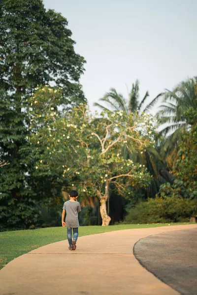 Aziatisch Jong Jongen Lopen Alleen Het Park — Stockfoto