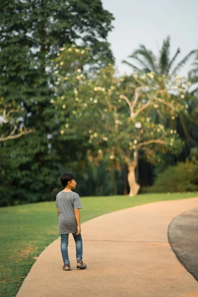 公園を一人で歩くアジアの少年 — ストック写真