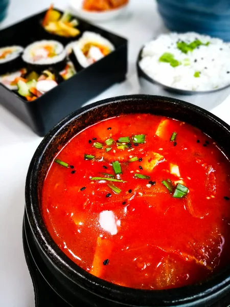 Ragoût Coréen Traditionnel Kimchi Kimchi Jjigae Vue Dessus — Photo