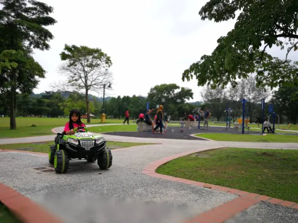 Kleines Mädchen Spielt Spielzeugauto Park — Stockfoto