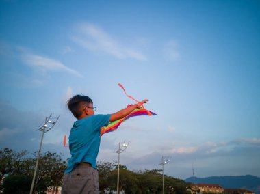 Mavi tişörtlü Asyalı genç parkta uçurtmayla oynuyor.