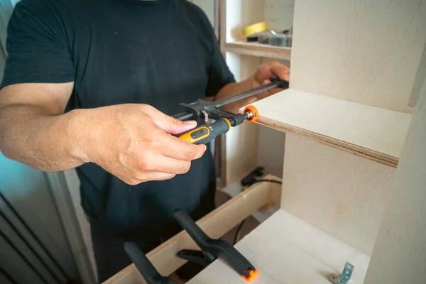 Clamps Holding Workpiece Gluing Carpenter Close — Stock Photo, Image