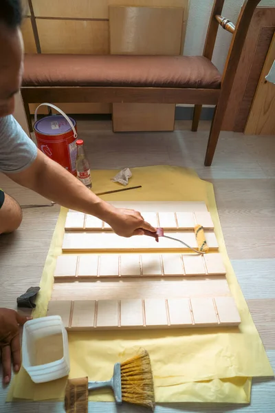 Applying Coat Plywood Carpenter Diy Home Project — Fotografia de Stock