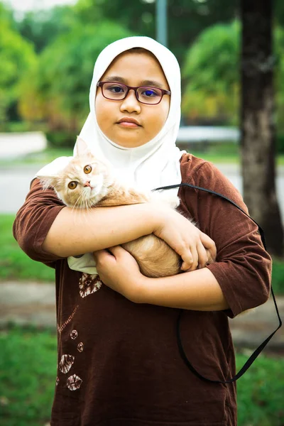 Egy Fiatal Lány Kezében Egy Cuki Maincooni Mumusmacskával Cica Szeret — Stock Fotó