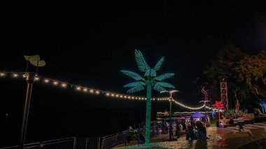 Kuantan, Malezya - 12 Mayıs 2022: Parkta dekorasyon için renkli LED sicim ışıkları ile açık hava ağaçlarını sarmak.